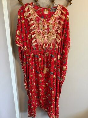 Boho Sequin Embroidered Musical Print Kaftan Red One Size